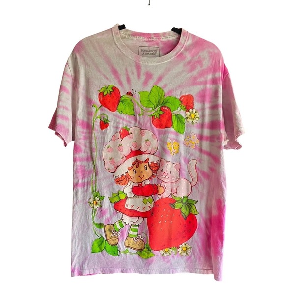 Strawberry Shortcake Tops - Strawberry Shortcake Tie Dye Graphic T-Shirt Cute Cartoon Tee M SMALL PINHOLE